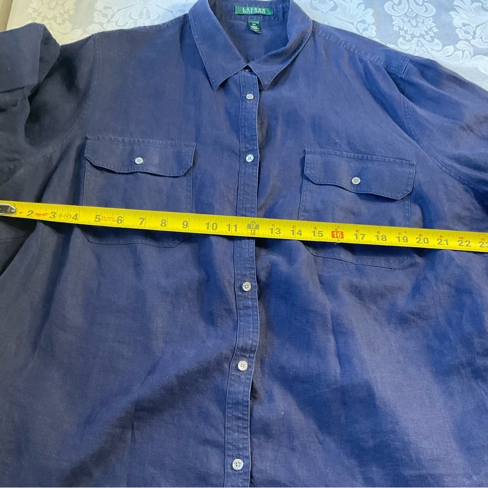 Lauren Ralph Lauren Shirt Womens 3X Navy Linen Button Front Roll Tab Tunic Top - Picture 5 of 6